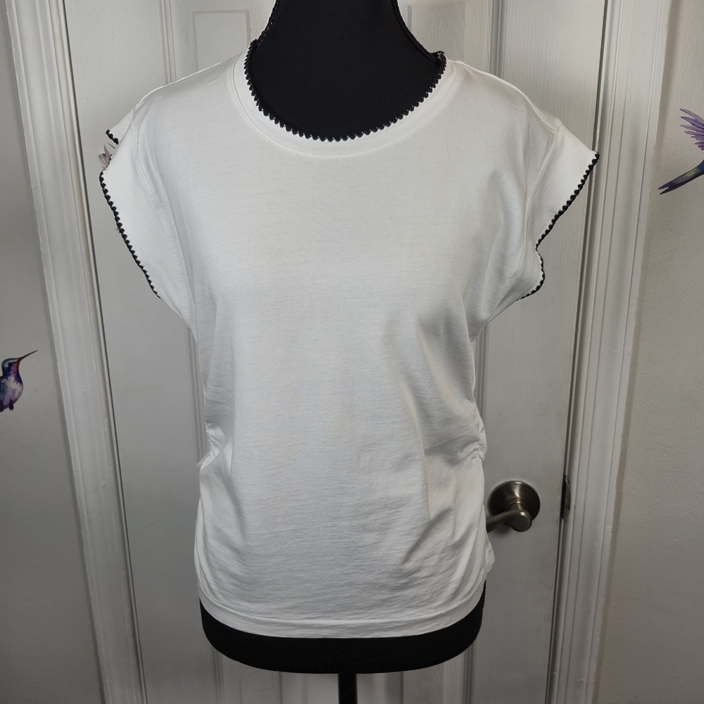 Madewell White Ric Rac Trim Ruched Side Cap Sleeve Tee M - Picture 2 of 6